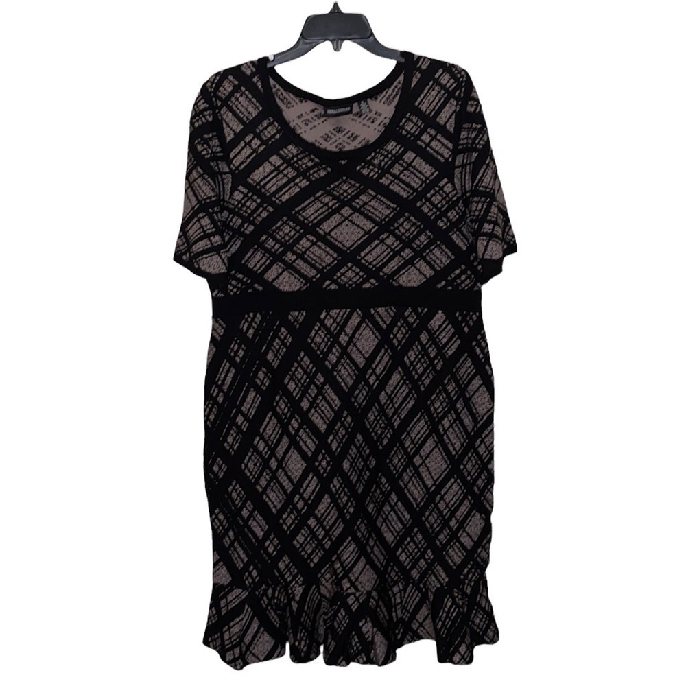 Nina Leonard Black/Nude Diamond Print Ruffled Sleeved Midi Dress Womens Size‎ XL